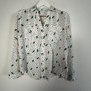 Maeve Womens White Green Umbrella Print Button-Up Long Sleeve Blouse Top Size 8
